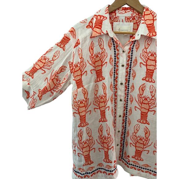 Anthropologie Lobster Print The Essentials Oversized Shirt Orange Size Small - Picture 10 of 11